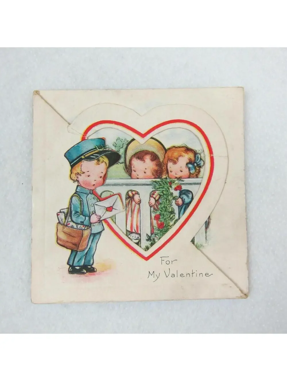 Vintage Valentine Card Foldout Stand Up Postman Boy & Girls at Fence 1920-30s